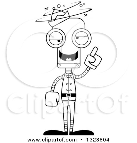 Lineart Clipart of a Cartoon Black and White Skinny Drunk or Dizzy Christmas Elf Robot - Royalty Free Outline Vector Illustration by Cory Thoman
