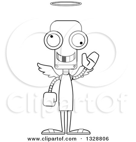 Lineart Clipart of a Cartoon Black and White Skinny Robot Angel with a Missing Tooth, Waving - Royalty Free Outline Vector Illustration by Cory Thoman