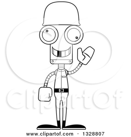 Lineart Clipart of a Cartoon Black and White Skinny Waving Army Soldier Robot with a Missing Tooth - Royalty Free Outline Vector Illustration by Cory Thoman