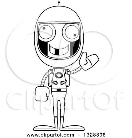 Lineart Clipart of a Cartoon Black and White Skinny Waving Robot Astronaut with a Missing Tooth - Royalty Free Outline Vector Illustration by Cory Thoman