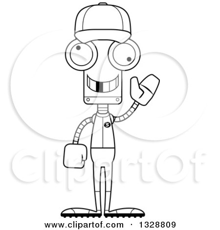Lineart Clipart of a Cartoon Black and White Skinny Waving Robot Baseball Player with a Missing Tooth - Royalty Free Outline Vector Illustration by Cory Thoman