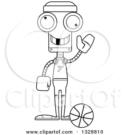 Lineart Clipart of a Cartoon Black and White Skinny Waving Robot Basketball Player with a Missing Tooth - Royalty Free Outline Vector Illustration by Cory Thoman