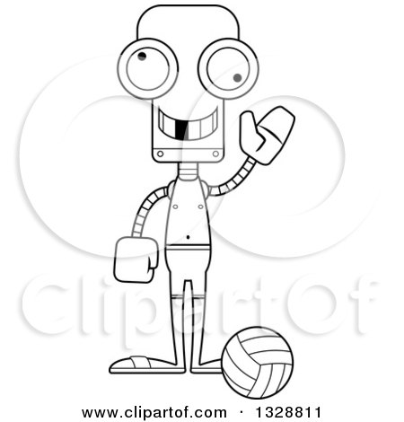 Lineart Clipart of a Cartoon Black and White Skinny Waving Beach Volleyball Robot with a Missing Tooth - Royalty Free Outline Vector Illustration by Cory Thoman