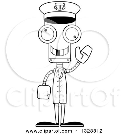 Lineart Clipart of a Cartoon Black and White Skinny Waving Robot Boat Captain with a Missing Tooth - Royalty Free Outline Vector Illustration by Cory Thoman
