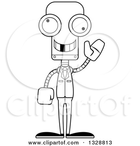 Lineart Clipart of a Cartoon Black and White Skinny Waving Business Robot with a Missing Tooth - Royalty Free Outline Vector Illustration by Cory Thoman