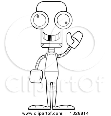 Lineart Clipart of a Cartoon Black and White Skinny Waving Casual Robot with a Missing Tooth - Royalty Free Outline Vector Illustration by Cory Thoman