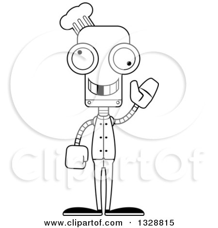 Lineart Clipart of a Cartoon Black and White Skinny Waving Chef Robot with a Missing Tooth - Royalty Free Outline Vector Illustration by Cory Thoman