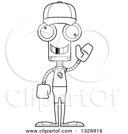 Lineart Clipart of a Cartoon Black and White Skinny Waving Robot Sports Coach with a Missing Tooth - Royalty Free Outline Vector Illustration by Cory Thoman