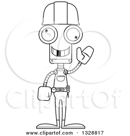 Lineart Clipart of a Cartoon Black and White Skinny Waving Robot Construction Worker with a Missing Tooth - Royalty Free Outline Vector Illustration by Cory Thoman