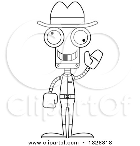 Lineart Clipart of a Cartoon Black and White Skinny Waving Robot Cowboy with a Missing Tooth - Royalty Free Outline Vector Illustration by Cory Thoman