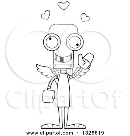 Lineart Clipart of a Cartoon Black and White Skinny Waving Robot Cupid with a Missing Tooth - Royalty Free Outline Vector Illustration by Cory Thoman
