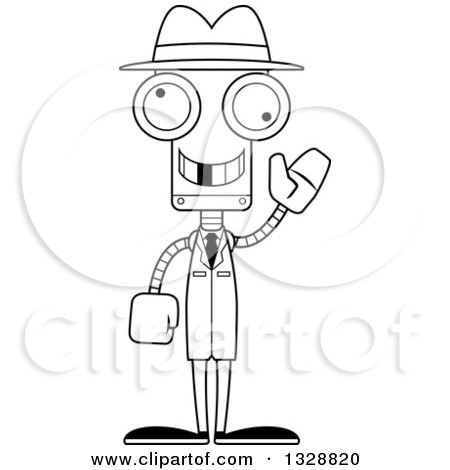 Lineart Clipart of a Cartoon Black and White Skinny Waving Robot Detective with a Missing Tooth - Royalty Free Outline Vector Illustration by Cory Thoman