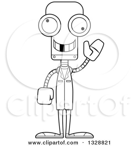 Lineart Clipart of a Cartoon Black and White Skinny Waving Robot Doctor with a Missing Tooth - Royalty Free Outline Vector Illustration by Cory Thoman