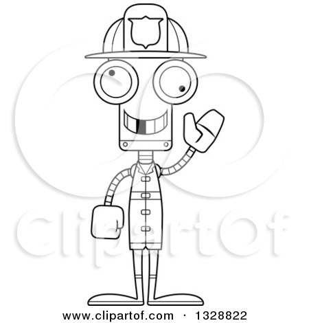 Lineart Clipart of a Cartoon Black and White Skinny Waving Robot Firefighter with a Missing Tooth - Royalty Free Outline Vector Illustration by Cory Thoman