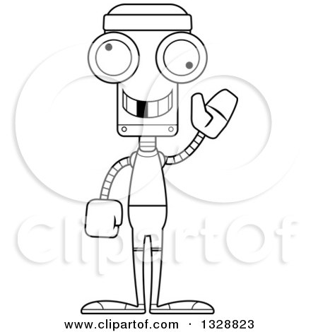 Lineart Clipart of a Cartoon Black and White Skinny Waving Fit Robot with a Missing Tooth - Royalty Free Outline Vector Illustration by Cory Thoman