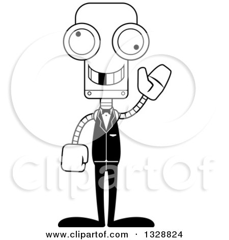 Lineart Clipart of a Cartoon Black and White Skinny Waving Robot Groom with a Missing Tooth - Royalty Free Outline Vector Illustration by Cory Thoman