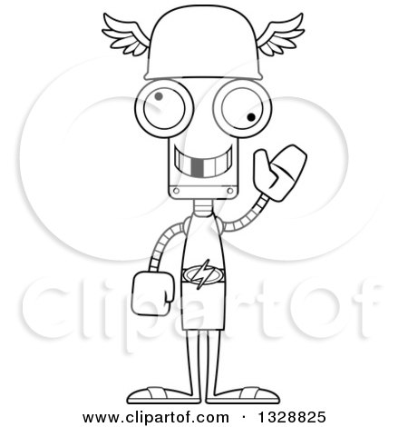 Lineart Clipart of a Cartoon Black and White Skinny Waving Hermes Robot with a Missing Tooth - Royalty Free Outline Vector Illustration by Cory Thoman