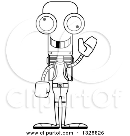 Lineart Clipart of a Cartoon Black and White Skinny Waving Robot Hiker with a Missing Tooth - Royalty Free Outline Vector Illustration by Cory Thoman