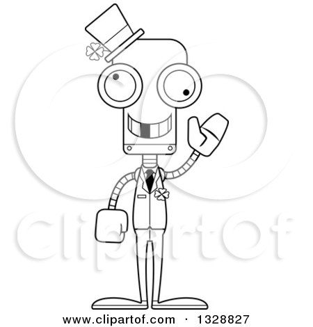 Lineart Clipart of a Cartoon Black and White Skinny Waving Irish St Patricks Day Robot with a Missing Tooth - Royalty Free Outline Vector Illustration by Cory Thoman