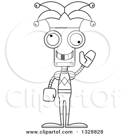 Lineart Clipart of a Cartoon Black and White Skinny Waving Robot Jester with a Missing Tooth - Royalty Free Outline Vector Illustration by Cory Thoman