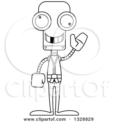Lineart Clipart of a Cartoon Black and White Skinny Waving Karate Robot with a Missing Tooth - Royalty Free Outline Vector Illustration by Cory Thoman