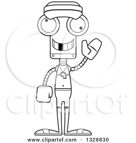 Lineart Clipart of a Cartoon Black and White Skinny Waving Lifeguard Robot with a Missing Tooth - Royalty Free Outline Vector Illustration by Cory Thoman