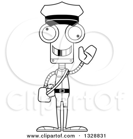 Lineart Clipart of a Cartoon Black and White Skinny Waving Robot Mailman with a Missing Tooth - Royalty Free Outline Vector Illustration by Cory Thoman