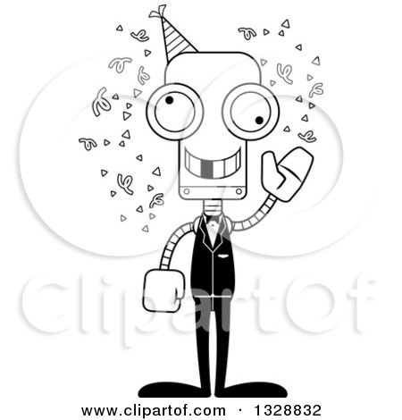 Lineart Clipart of a Cartoon Black and White Skinny Waving Party Robot with a Missing Tooth - Royalty Free Outline Vector Illustration by Cory Thoman