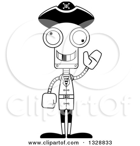 Lineart Clipart of a Cartoon Black and White Skinny Waving Pirate Robot with a Missing Tooth - Royalty Free Outline Vector Illustration by Cory Thoman