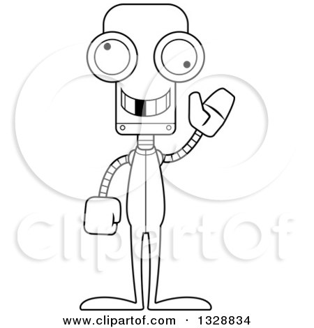 Lineart Clipart of a Cartoon Black and White Skinny Waving Robot with a Missing Tooth, Wearing Pajamas - Royalty Free Outline Vector Illustration by Cory Thoman