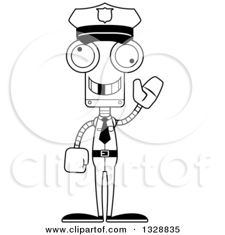 Lineart Clipart of a Cartoon Black and White Skinny Waving Robot Police Officer with a Missing Tooth - Royalty Free Outline Vector Illustration by Cory Thoman