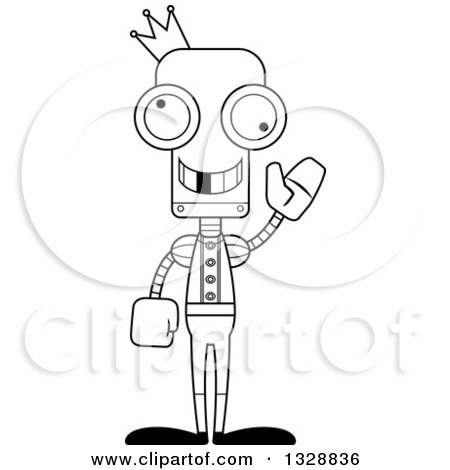 Lineart Clipart of a Cartoon Black and White Skinny Waving Robot Prince with a Missing Tooth - Royalty Free Outline Vector Illustration by Cory Thoman