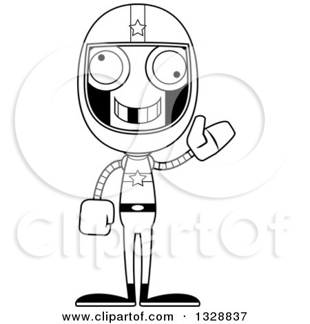 Lineart Clipart of a Cartoon Black and White Skinny Waving Race Car Driver Robot with a Missing Tooth - Royalty Free Outline Vector Illustration by Cory Thoman
