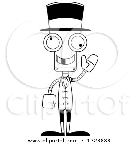Lineart Clipart of a Cartoon Black and White Skinny Waving Robot Circus Ringmaster with a Missing Tooth - Royalty Free Outline Vector Illustration by Cory Thoman