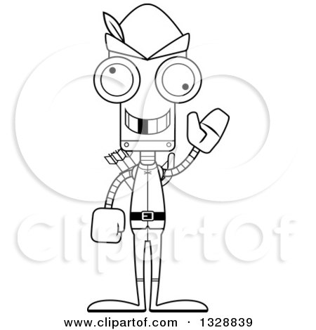 Lineart Clipart of a Cartoon Black and White Skinny Waving Robin Hood Robot with a Missing Tooth - Royalty Free Outline Vector Illustration by Cory Thoman