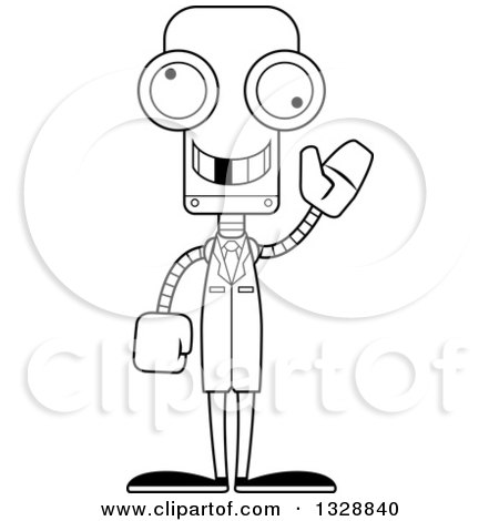 Lineart Clipart of a Cartoon Black and White Skinny Waving Robot Doctor with a Missing Tooth - Royalty Free Outline Vector Illustration by Cory Thoman