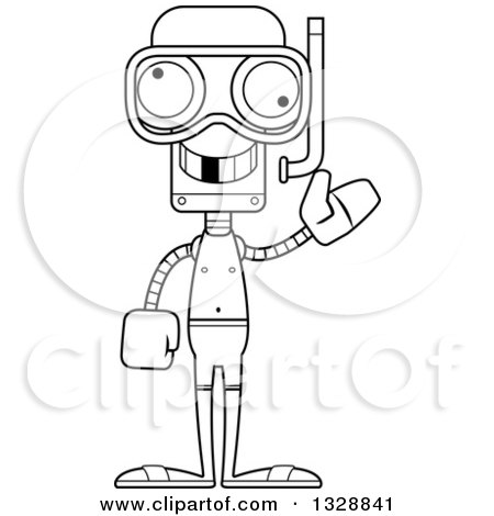 Lineart Clipart of a Cartoon Black and White Skinny Snorkel Waving Robot with a Missing Tooth - Royalty Free Outline Vector Illustration by Cory Thoman