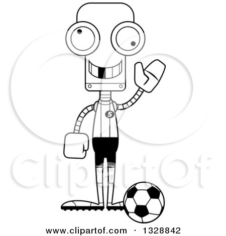 Lineart Clipart of a Cartoon Black and White Skinny Waving Robot Soccer Player with a Missing Tooth - Royalty Free Outline Vector Illustration by Cory Thoman