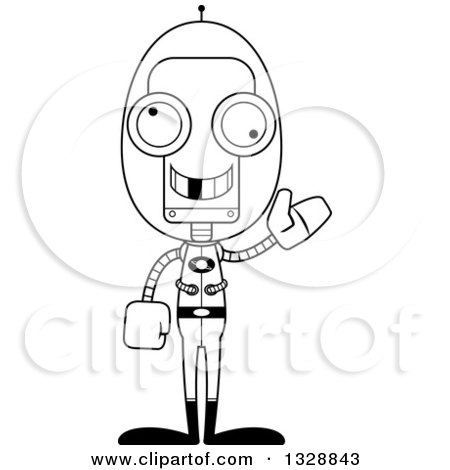 Lineart Clipart of a Cartoon Black and White Skinny Waving Futuristic Space Robot with a Missing Tooth - Royalty Free Outline Vector Illustration by Cory Thoman