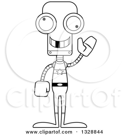 Lineart Clipart of a Cartoon Black and White Skinny Waving Robot Super Hero with a Missing Tooth - Royalty Free Outline Vector Illustration by Cory Thoman