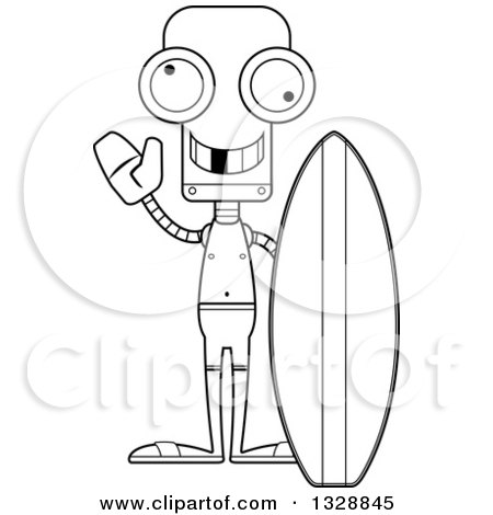 Lineart Clipart of a Cartoon Black and White Skinny Waving Surfer Robot with a Missing Tooth - Royalty Free Outline Vector Illustration by Cory Thoman