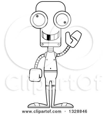 Lineart Clipart of a Cartoon Black and White Skinny Waving Robot Swimmer with a Missing Tooth - Royalty Free Outline Vector Illustration by Cory Thoman
