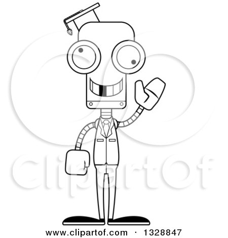 Lineart Clipart of a Cartoon Black and White Skinny Waving Robot Teacher with a Missing Tooth - Royalty Free Outline Vector Illustration by Cory Thoman