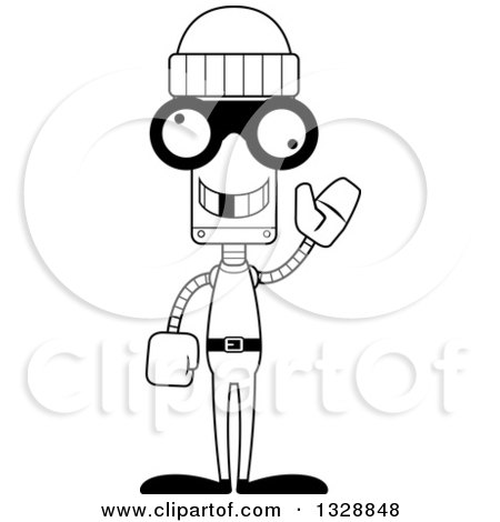 Lineart Clipart of a Cartoon Black and White Skinny Waving Robber Robot with a Missing Tooth - Royalty Free Outline Vector Illustration by Cory Thoman
