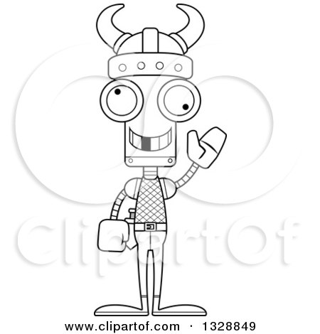 Lineart Clipart of a Cartoon Black and White Skinny Waving Viking Robot with a Missing Tooth - Royalty Free Outline Vector Illustration by Cory Thoman