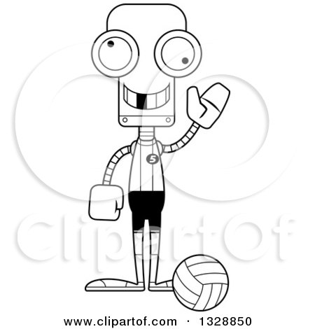 Lineart Clipart of a Cartoon Black and White Skinny Waving Robot Volleyball Player with a Missing Tooth - Royalty Free Outline Vector Illustration by Cory Thoman