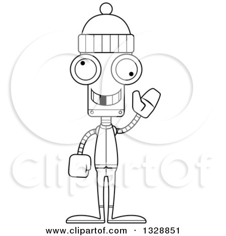 Lineart Clipart of a Cartoon Black and White Skinny Waving Winter Robot with a Missing Tooth - Royalty Free Outline Vector Illustration by Cory Thoman