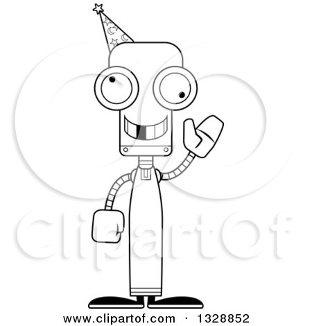 Lineart Clipart of a Cartoon Black and White Skinny Waving Wizard Robot with a Missing Tooth - Royalty Free Outline Vector Illustration by Cory Thoman