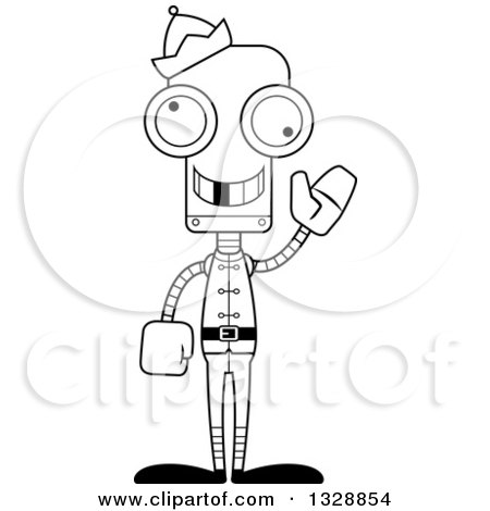 Lineart Clipart of a Cartoon Black and White Skinny Waving Robot Christmas Elf with a Missing Tooth - Royalty Free Outline Vector Illustration by Cory Thoman