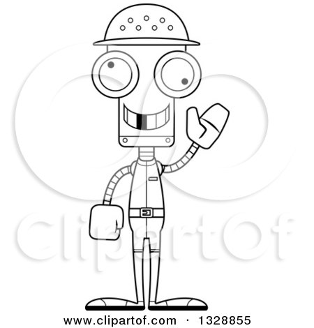 Lineart Clipart of a Cartoon Black and White Skinny Waving Robot Zookeeper with a Missing Tooth - Royalty Free Outline Vector Illustration by Cory Thoman